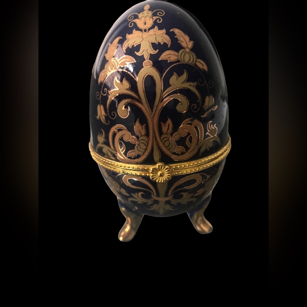NEW Egg Trinket Box Fabrege Style Blue Gold decorative accent table small - Picture 3 of 8